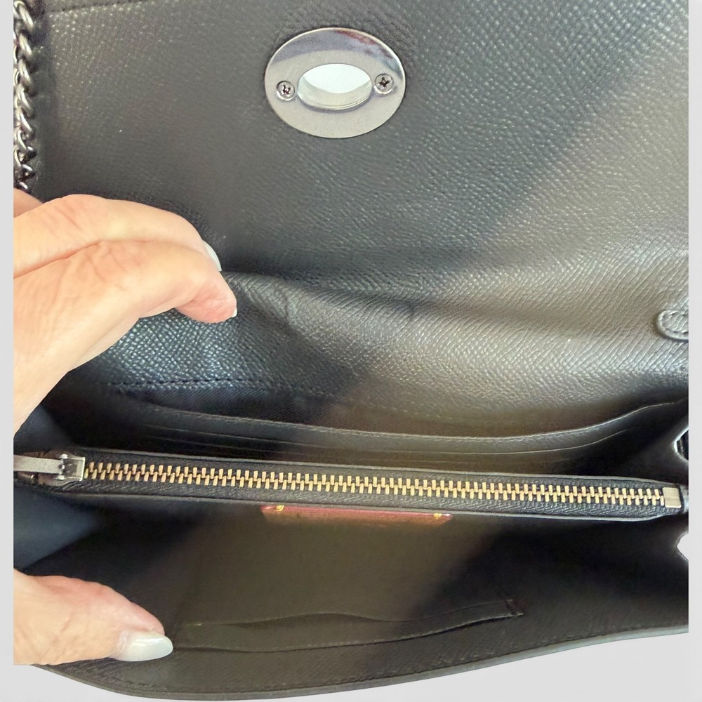 Coach Bear Chain Crossbody Metallic Navy Leather Shearling Eyes Clutch Wristlet - Picture 12 of 14